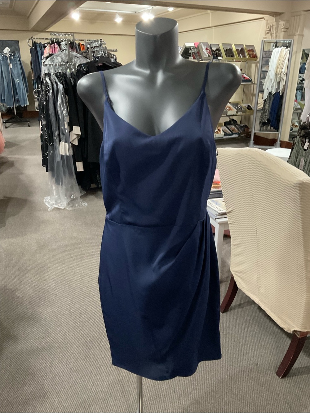 Laundry By Shelli Segal Navy Satin Slip Dress with Draped Detail